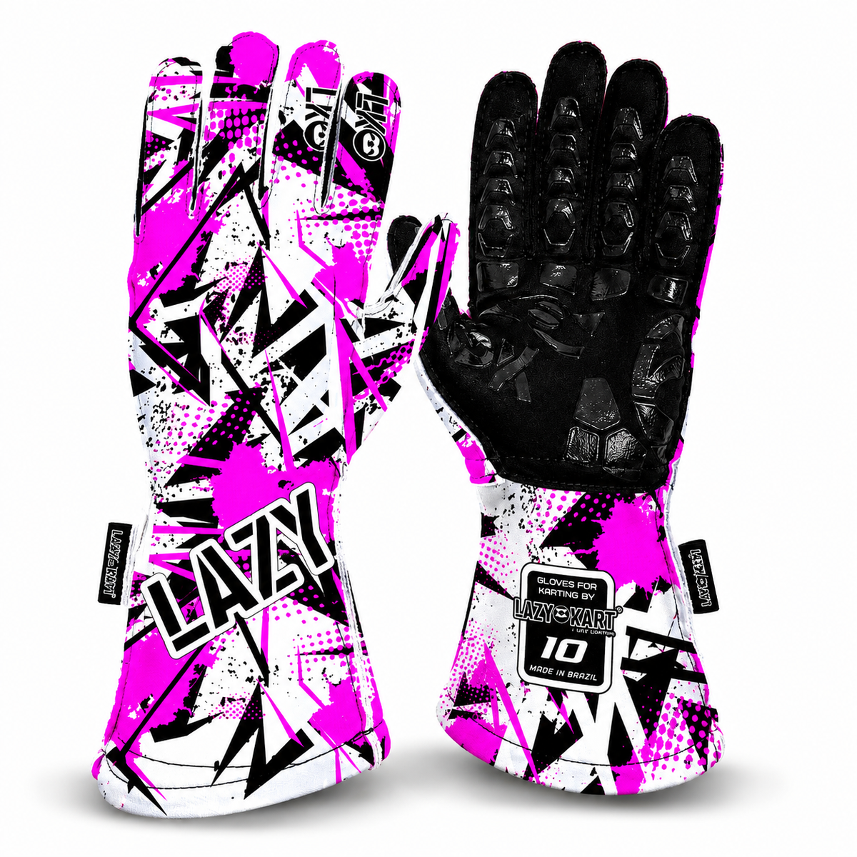 Par de luvas de kart Lazy Kart Furious White Pink, costas com estampa e palma preta antiderrapante