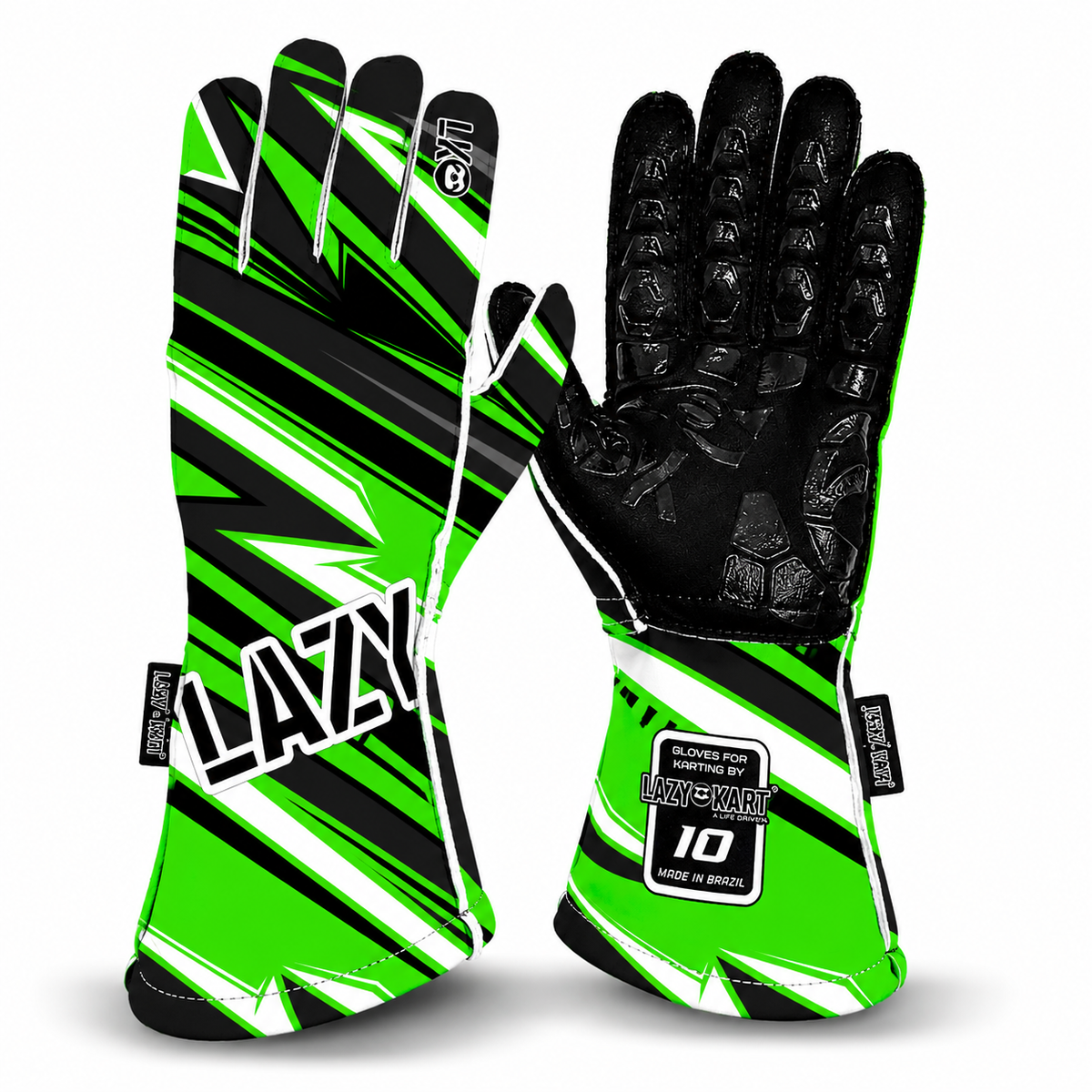Par de luvas de kart Lazy Kart Zen Black Verde, costas com estampa e palma preta antiderrapante