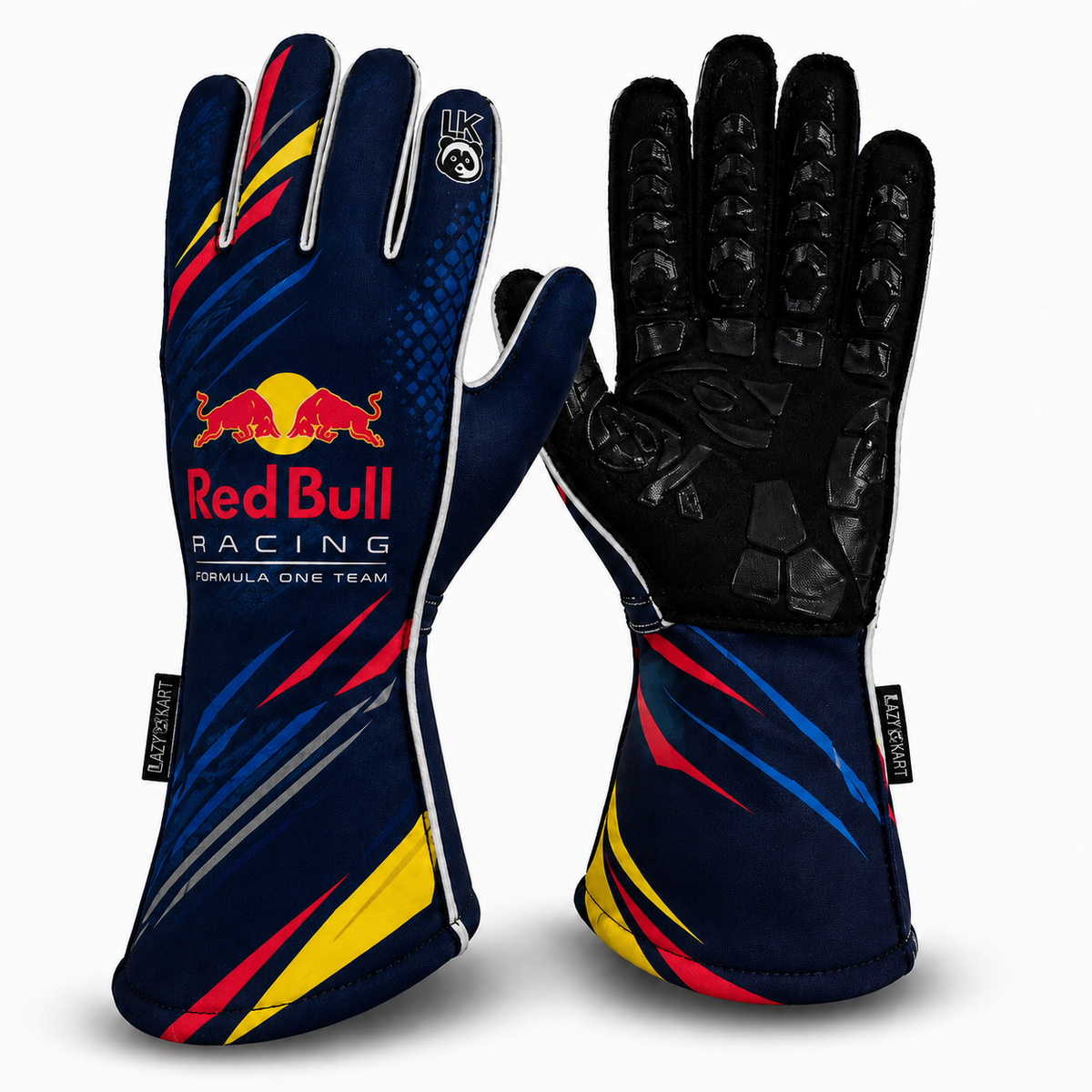 Par de luvas de kart Lazy Kart Red Bull F1, costas com estampa e palma preta antiderrapante