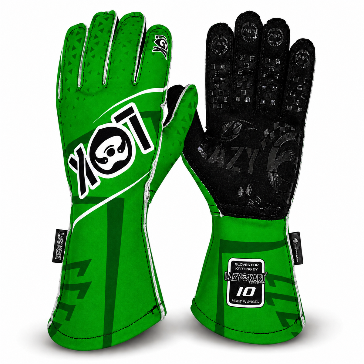 Par de luvas de kart Lazy Kart Diamond Verde, costas com estampa e palma preta antiderrapante