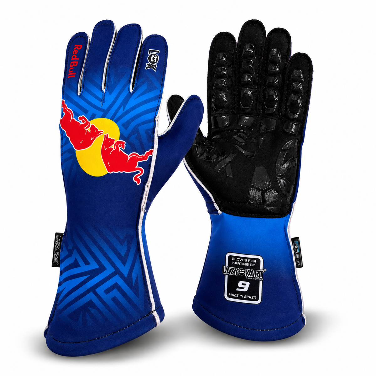 Par de luvas de kart Lazy Kart Red Bull New, costas com estampa e palma preta antiderrapante